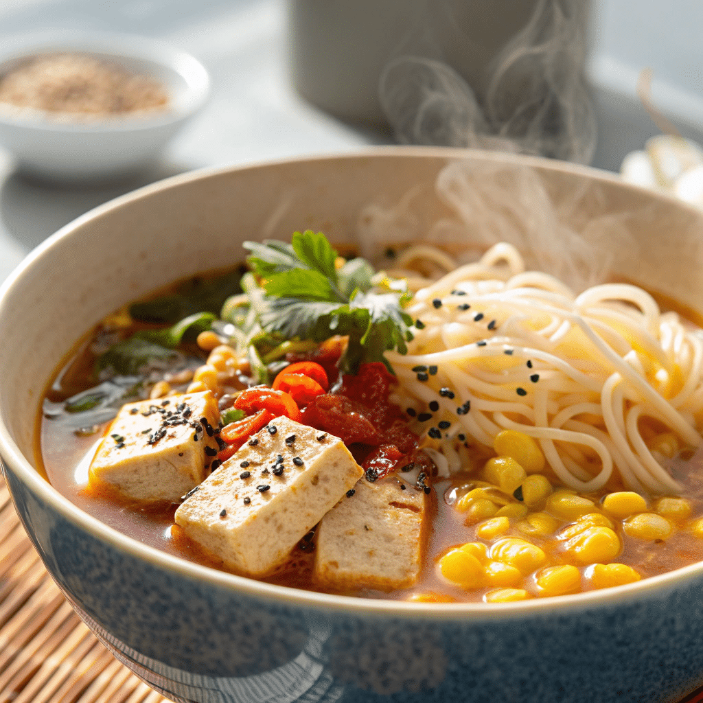 Vegan creamy ramen hack with miso tahini broth and tofu