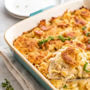 Baked Neiman Marcus chicken casserole with golden topping