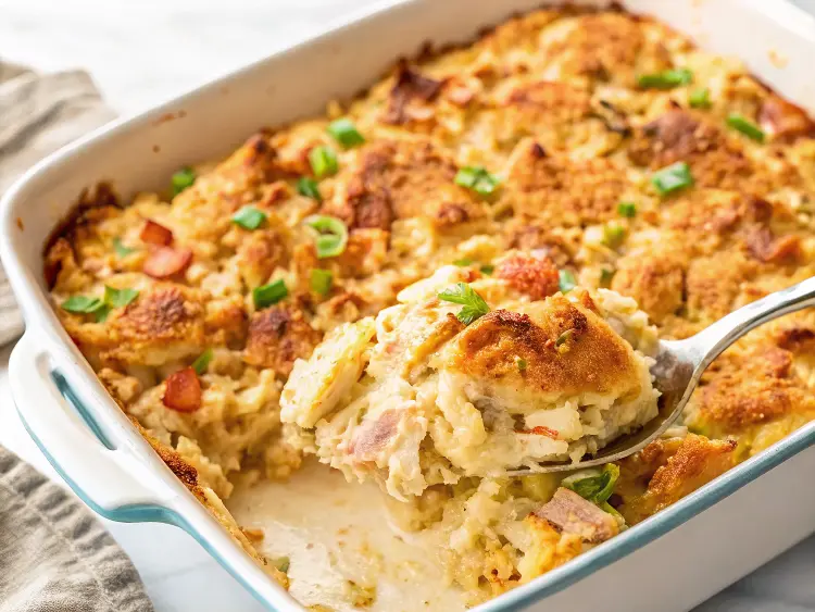 Creamy Neiman Marcus chicken casserole in a baking dish