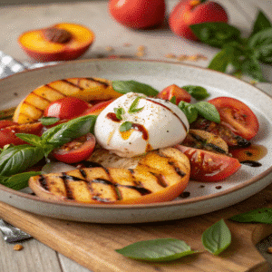 grilled peach & burrata salad with basil and balsamic glaze