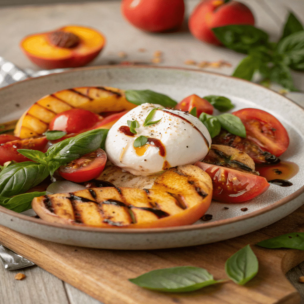 grilled peach & burrata salad with basil and balsamic glaze