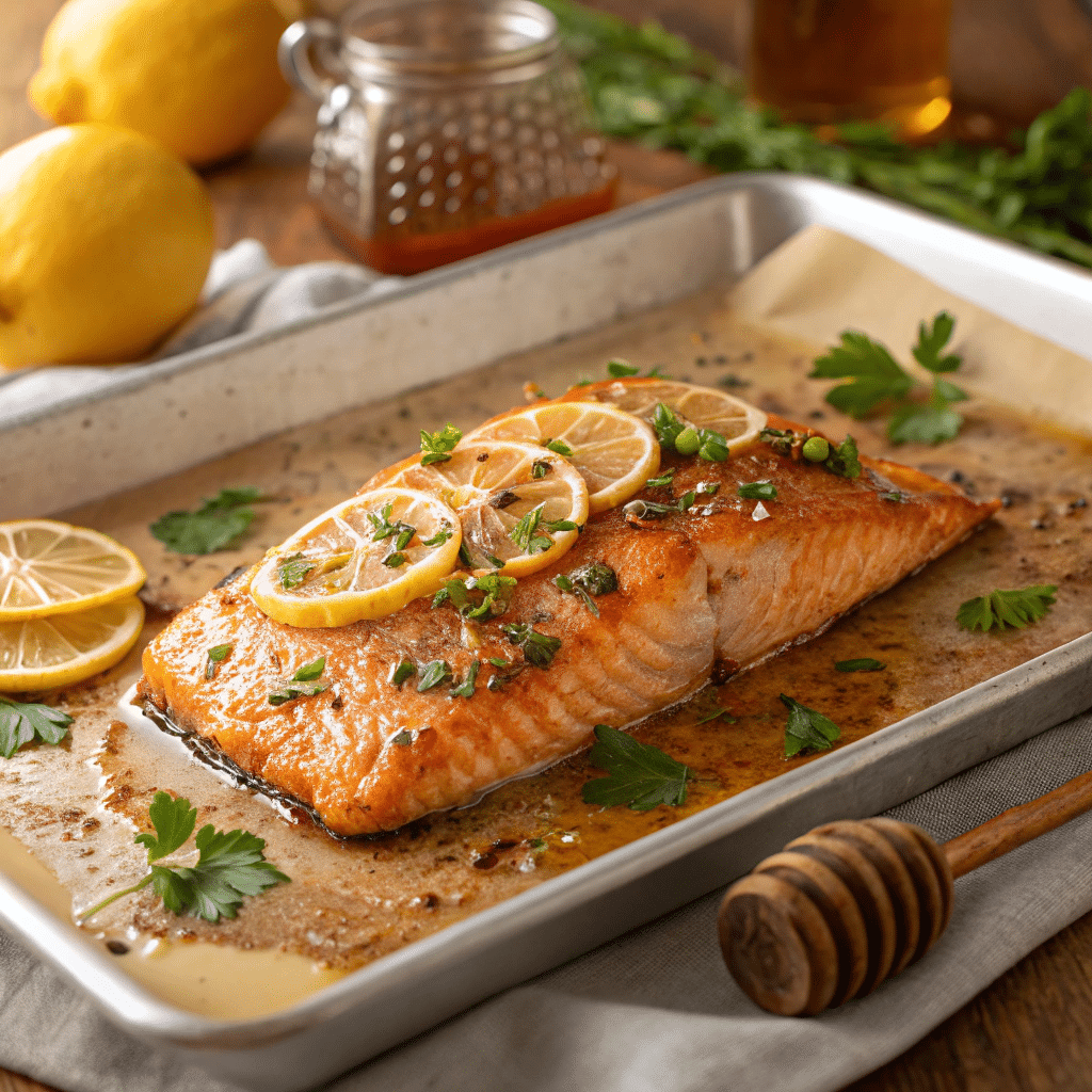 Hot honey salmon sheet pan fresh from oven