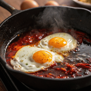 Chili oil eggs recipe sizzling in a cast iron pan
