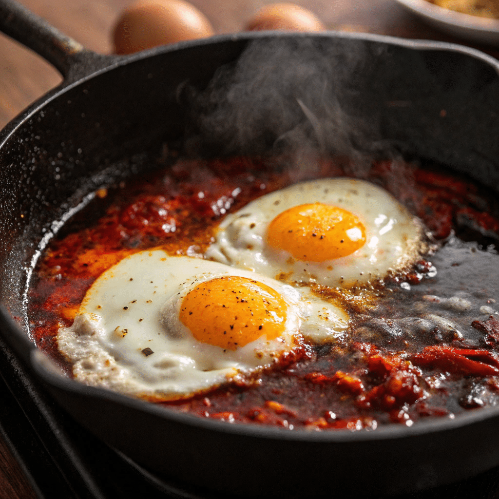 Chili oil eggs recipe sizzling in a cast iron pan
