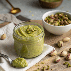 Homemade pistachio butter in a glass jar with raw pistachios