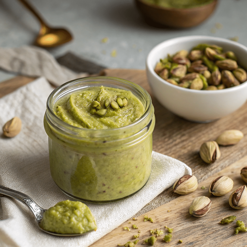 Homemade pistachio butter in a glass jar with raw pistachios